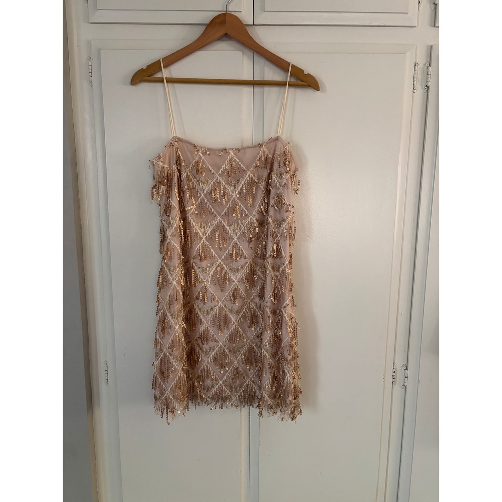 Showpo Shook Sequin Fringe Mini Dress Gold Champagne Diamond Pattern Size US 10